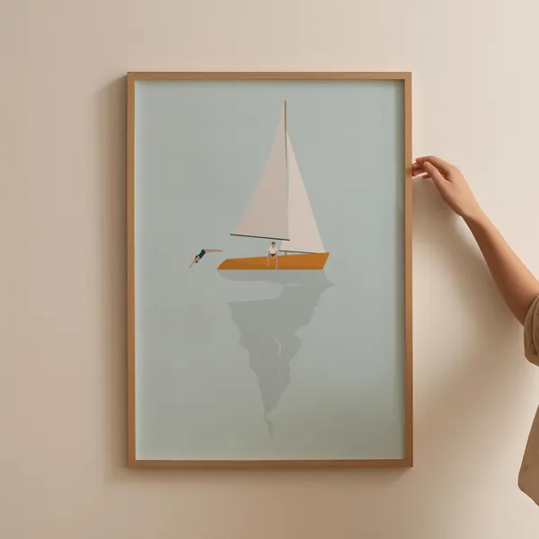 Tiny People on Sailboat Minimalist Beach Poster