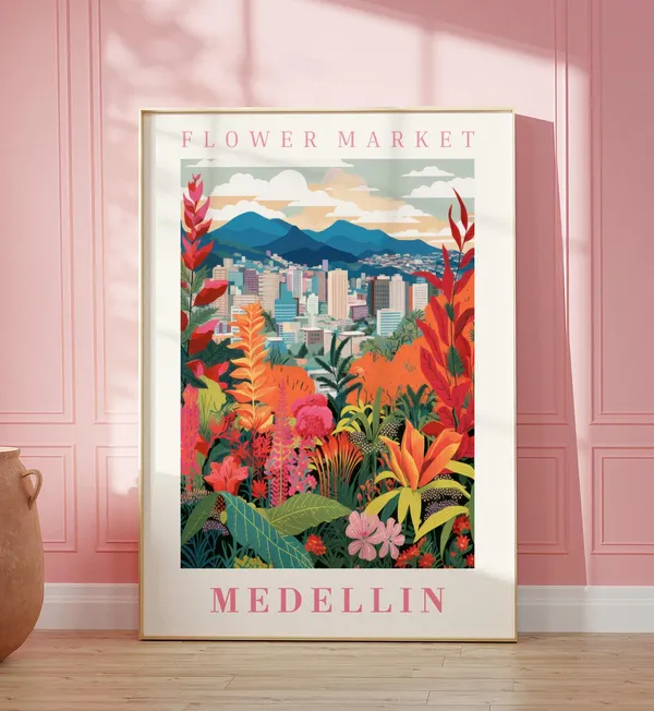 Medellin Flower Market Travel Poster, Floral Illustration