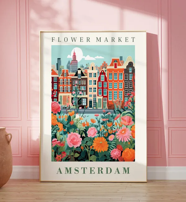Amsterdam Flower Market Travel Poster, Floral Illustration