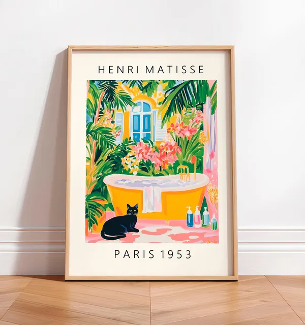 Black Cat Painting, Matisse-Inspired Bathroom Art Print