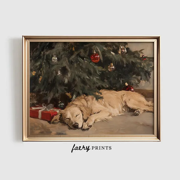 Sleeping Dog Christmas Print, Holiday Wall Art