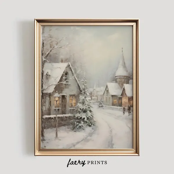 Winter Village Art Print, Snowy Christmas Scene