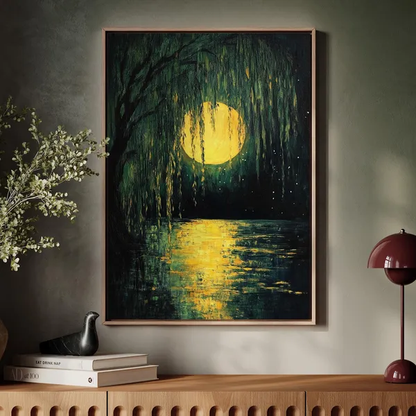 Mystical Moonlit Willow, Tranquil Forest Night Art Print
