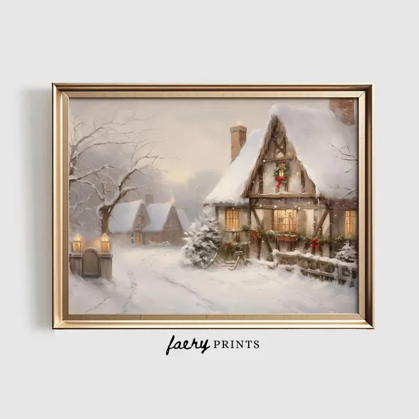 Winter Cottage Vintage Holiday Village Art Print