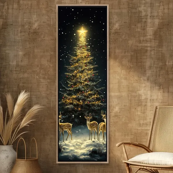 Golden Christmas Tree and Deer Holiday Art Print