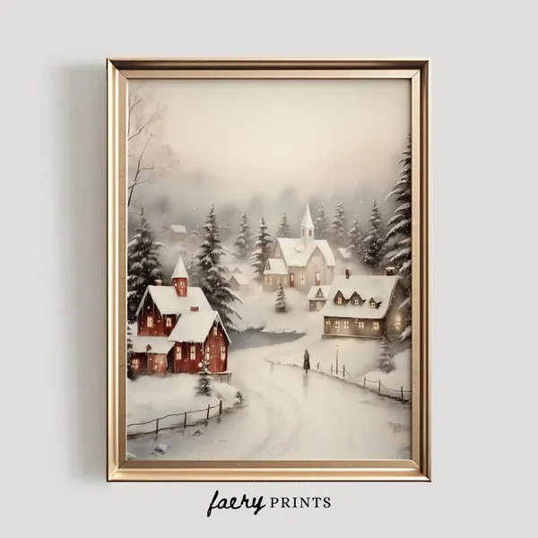 Winter Watercolor Christmas Village Holiday Art Print