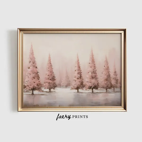 Pink Winter Landscape Art Print, Pastel Seasonal Decor