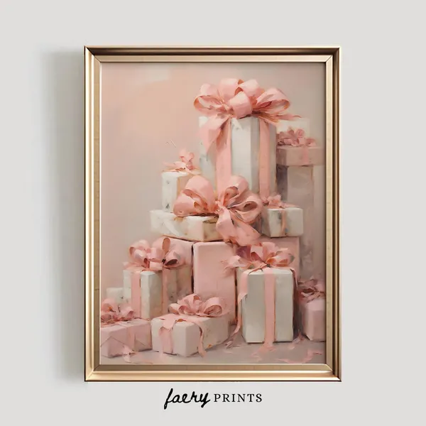 Pink Presents Christmas Art Print, Pastel Holiday Decor