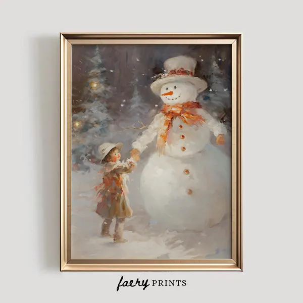 Vintage Snowman Winter Art Print, Holiday Decor