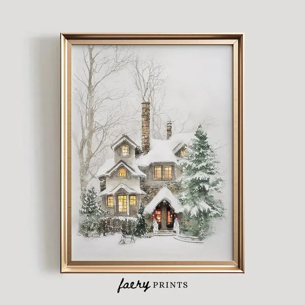 Winter Snowy White Watercolor Holiday Home Art Print