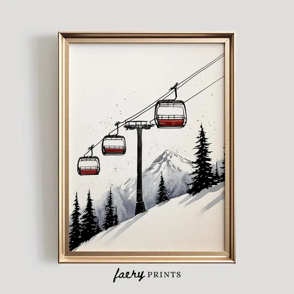 Ski Hill Neutral Winter Watercolor Art Print