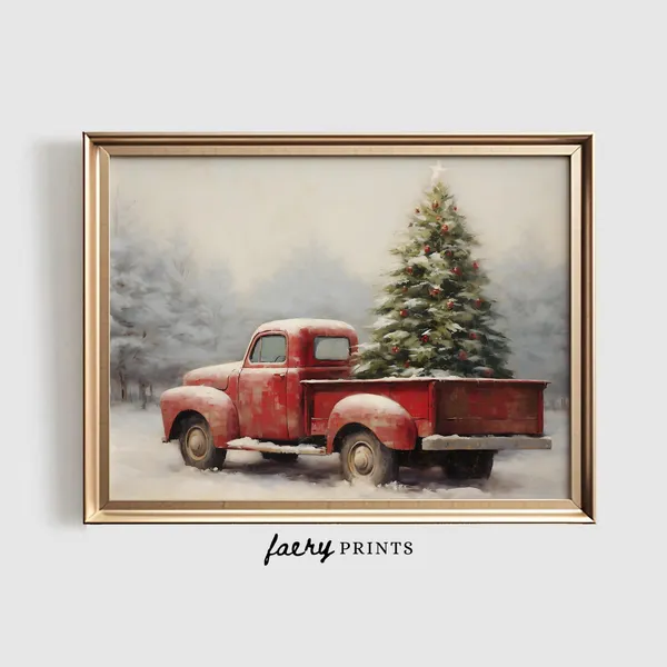 Farmhouse Christmas Red Pickup Truck Art Print