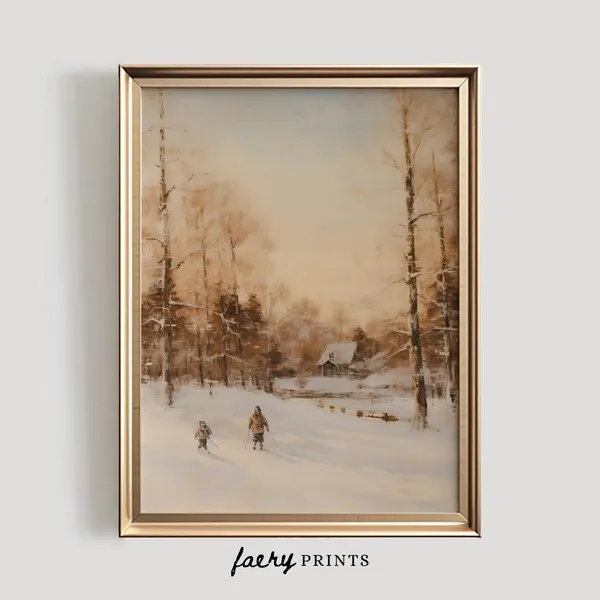 Winter Landscape Vintage Art Print, Cross Country Skiing