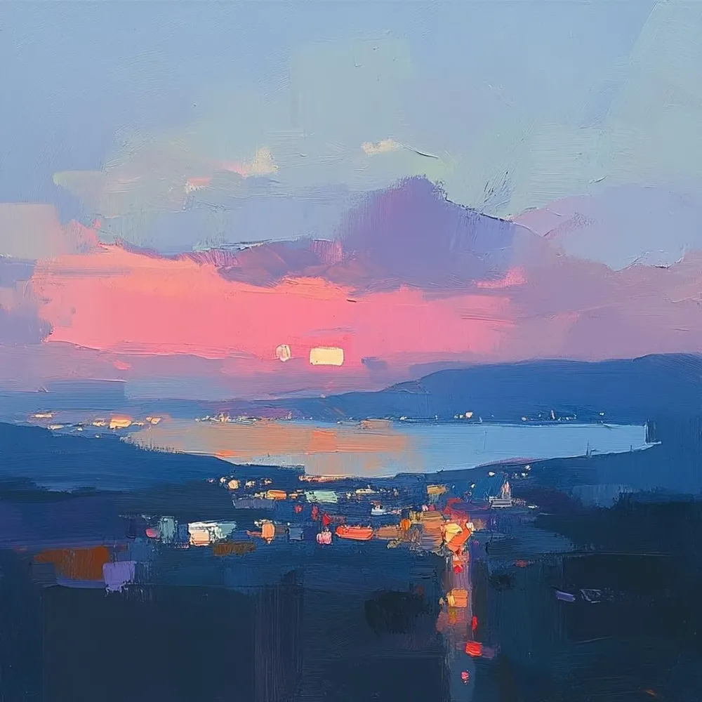 Evening Lights By The Bay, Coastal Cityscape Art Print - Image 3