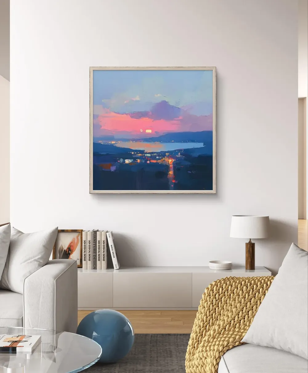 Evening Lights By The Bay, Coastal Cityscape Art Print