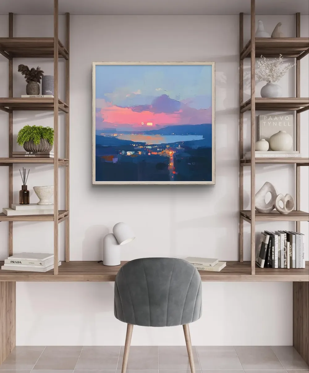 Evening Lights By The Bay, Coastal Cityscape Art Print - Image 2