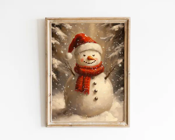 Rustic Snowman Christmas Art Print, Vintage Holiday Scene