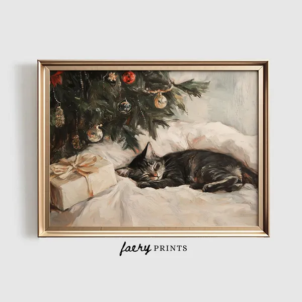 Sleeping Cat Christmas Print, Winter Wall Art