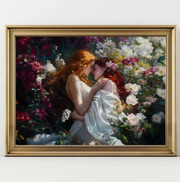 Love Queens Two Goddess in Floral Garden Art Print