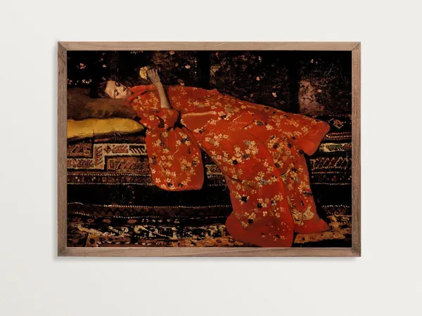 Vintage Woman in Red Kimono, Portrait Art Print