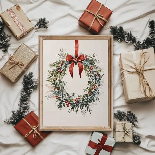 Vintage Christmas Wreath Art Print, Minimalist Holiday Decor