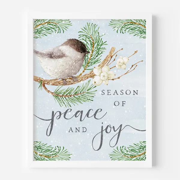Winter Chickadee Christmas Art Print, Peace and Joy