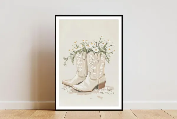 Cowgirl Boots Cowboy Print, Floral Garden Art Print