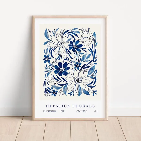 Hepatica Floral Ink Print, Modern Blue Botanical