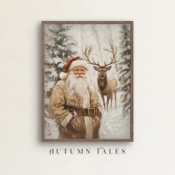 Santa Claus Reindeer Art Print, Winter Christmas Decor