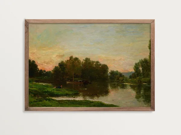 Moody Landscape Painting, Rustic Cabin Art Print