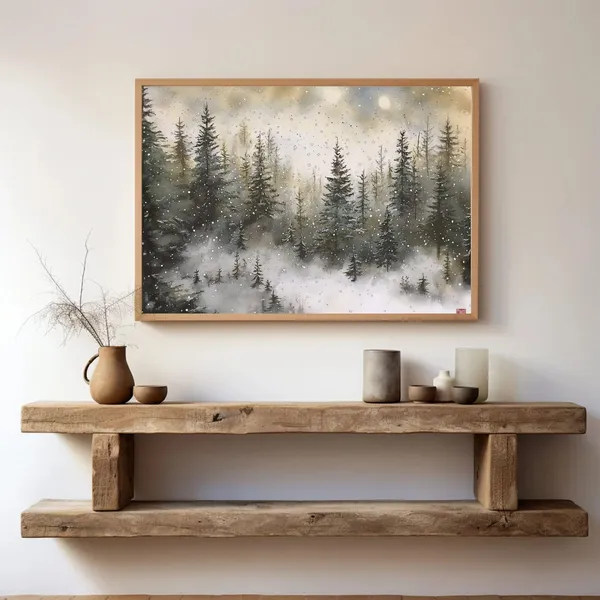 Snowy Pine Tree Painting, Rustic Winter Landscape Art Print