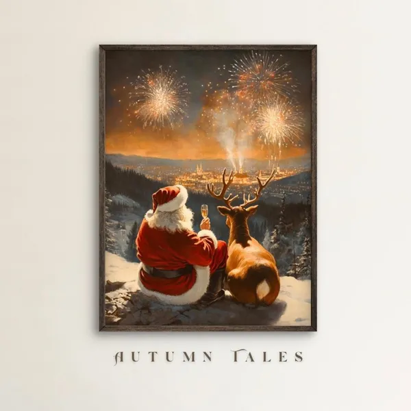 Santa Reindeer Celebrating New Year Art Print