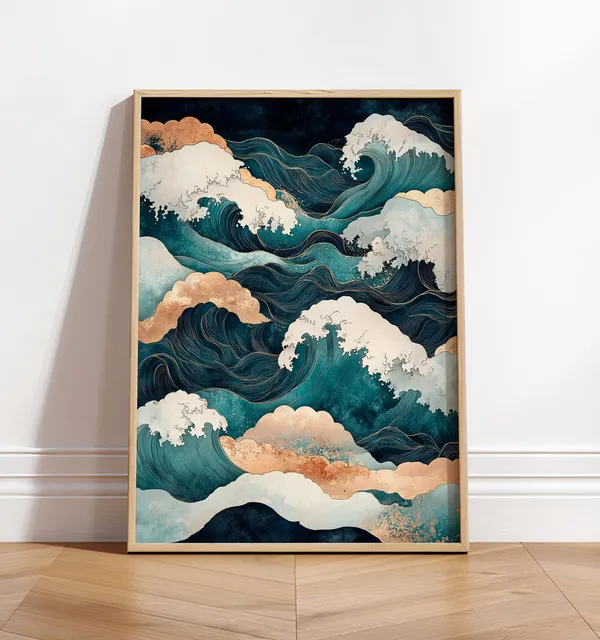Hokusai Japan Landscape Poster, Japandi Ocean Waves