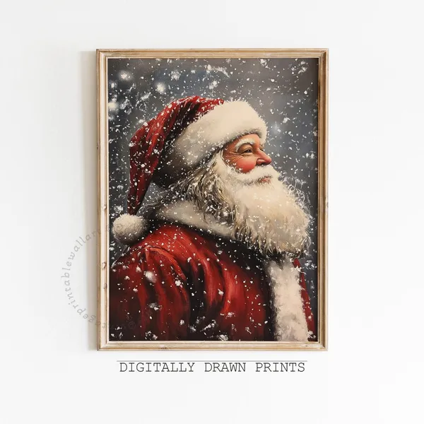 Vintage Santa Portrait Art Print, Rustic Christmas Decor