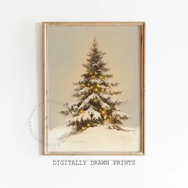 Snowy Christmas Tree Vintage Holiday Art Print