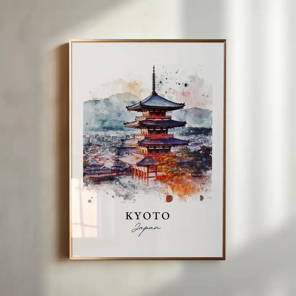 Kyoto Japan Watercolor Travel Poster, Honshu Island