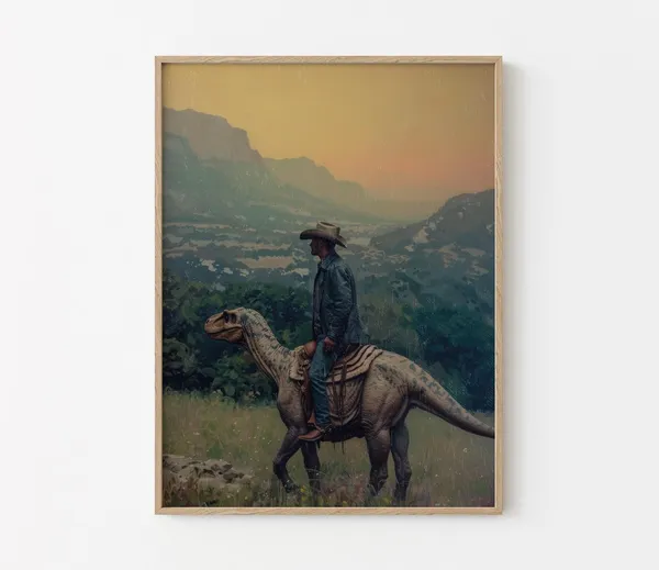 Vintage Dinosaur Cowboy Oil Painting Print, Western Humor