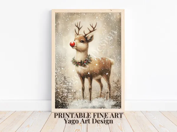 Rudolph Portrait Christmas Decor, Vintage Holiday Art Print