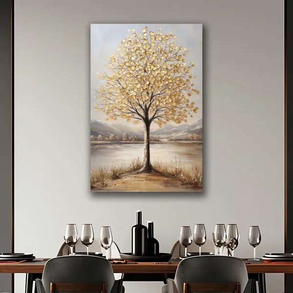 Golden Leaf Tree Art Print, Serene Landscape