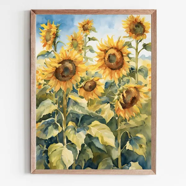 Sunflower Field Watercolor Art Print, Summer Landscape