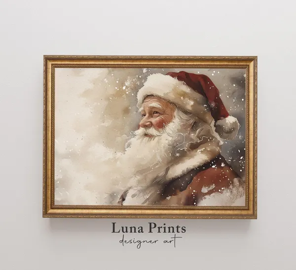 Santa Christmas Wall Decor, Vintage Watercolor Art Print