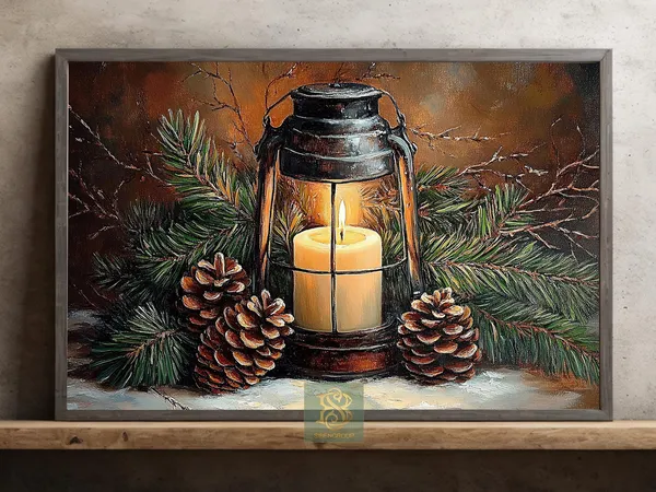Cozy Christmas Lantern, Rustic Vintage Art Print
