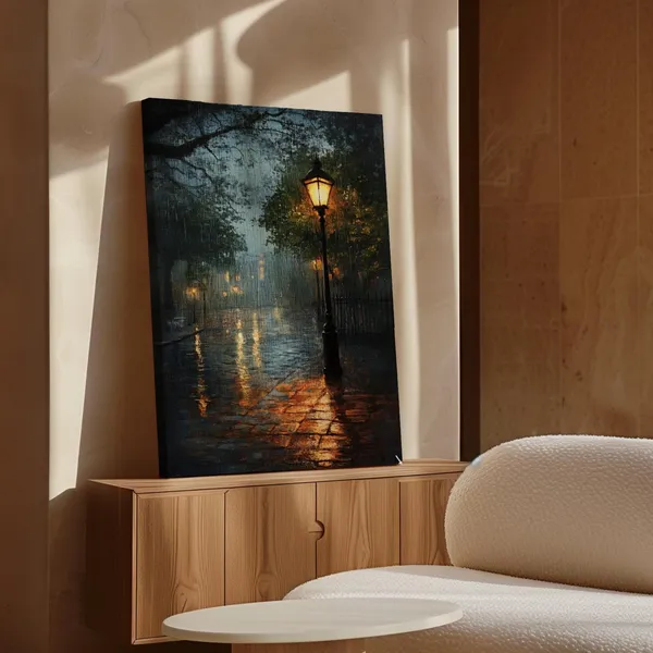 Rainy Night Street Scene Vintage Oil Painting, Cityscape