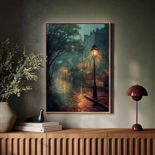 Rainy Night Street Scene Oil Painting Poster