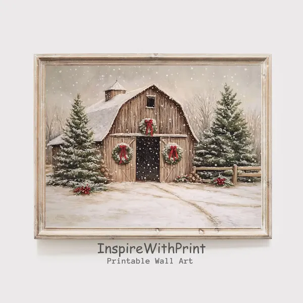 Christmas Barn Art Print, Rustic Farmhouse Winter