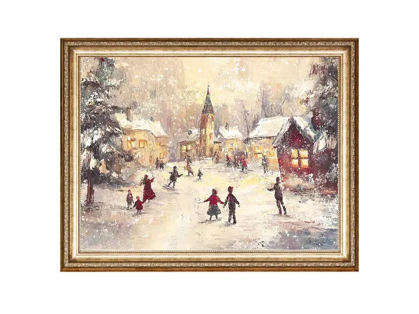 Vintage Christmas Village Art Print, Snowy Winter