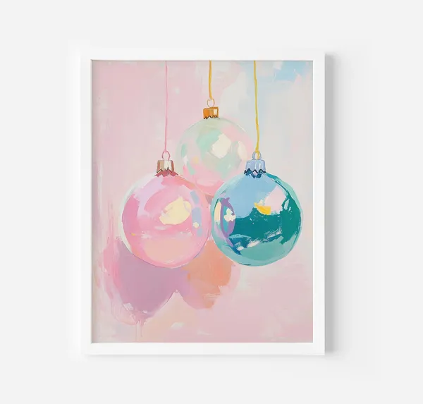 Christmas Ornaments Art Print, Pastel Winter Holiday