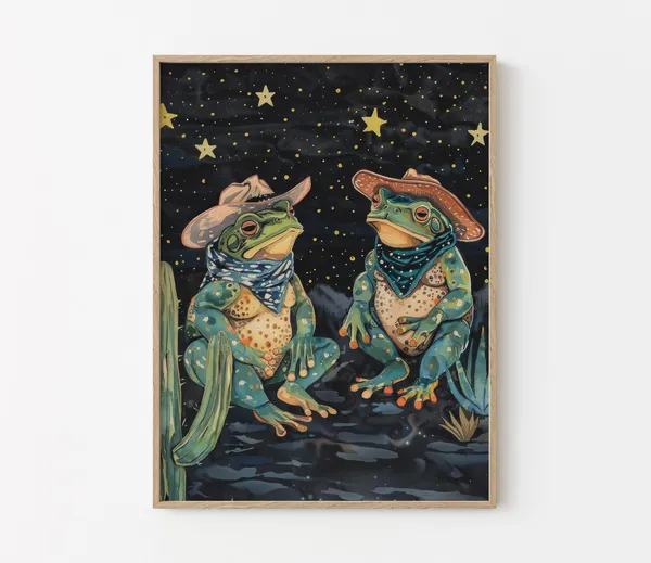 Cowboy Frog Oil Painting, Whimsical Western Art Print