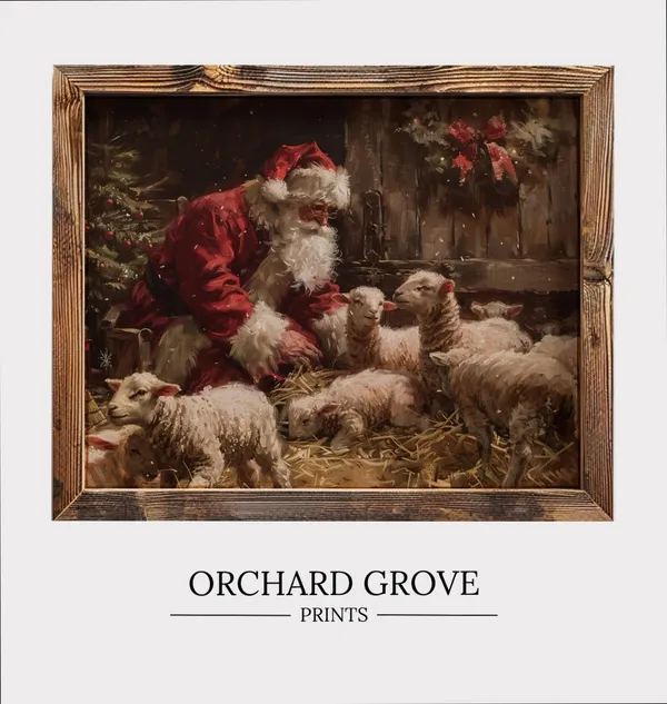 Santa Farm with Lambs, Vintage Christmas Art Print