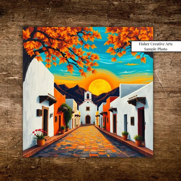 Mexican Village Sunset, Mountain Street Scene Art Print